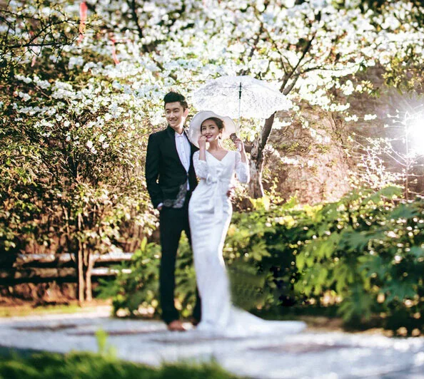 New European White/Ivory Lace Umbrella DIY Production Sun Parasol Bride Umbrella With 8 Ribs Wood Handle Wedding Decorations S L