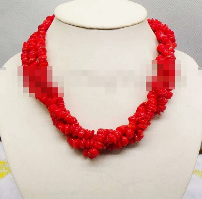 

3245 Red Baroque nearround coral slice Chain Alloy 3-strand necklace