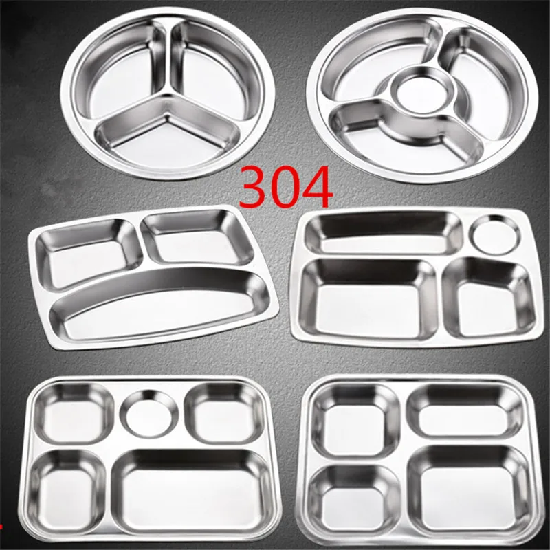

304 Stainless Steel Dinner Plate Compartments School Restaurant Snack Plate Kitchen Food Container Dinner Set kids lunch box