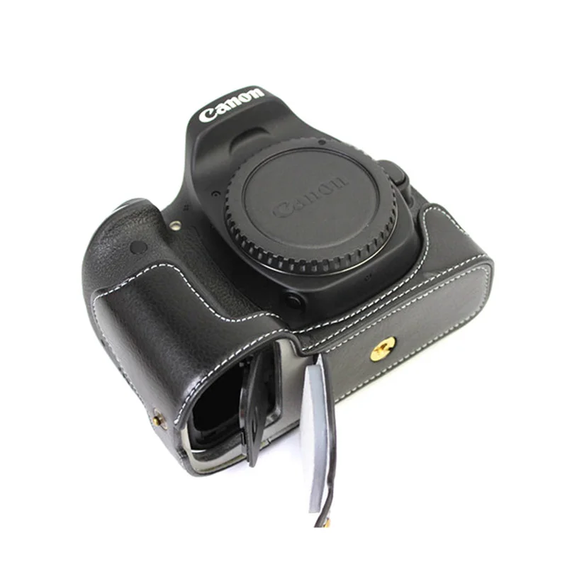 Натуральная Кожа Камера сумка чехол половина тела для Canon EOS 90D 80DII 80D 70D 60D DSLR с отверстием батареи - Цвет: Черный
