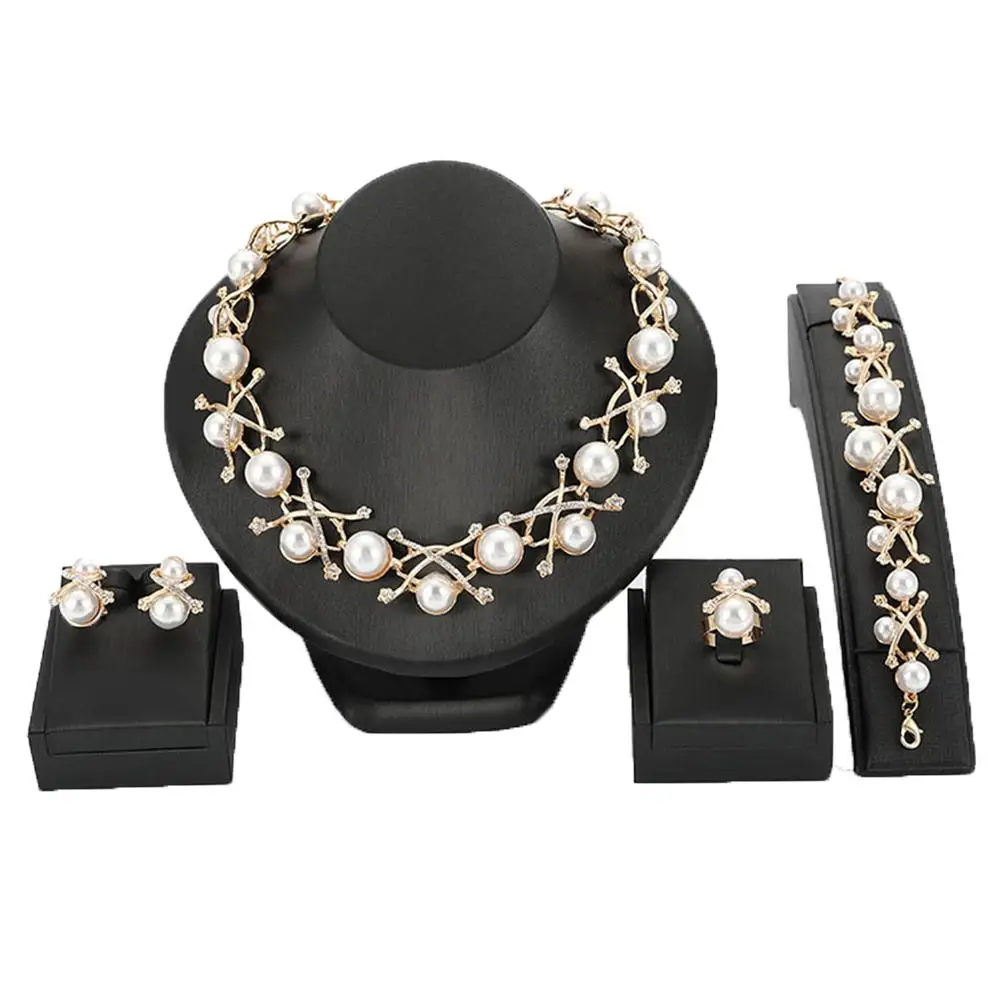 

Fashion Women 4Pcs/Set Rhinestone Faux Pearl Necklace Earrings Bracelet Ring Jewelry Gift