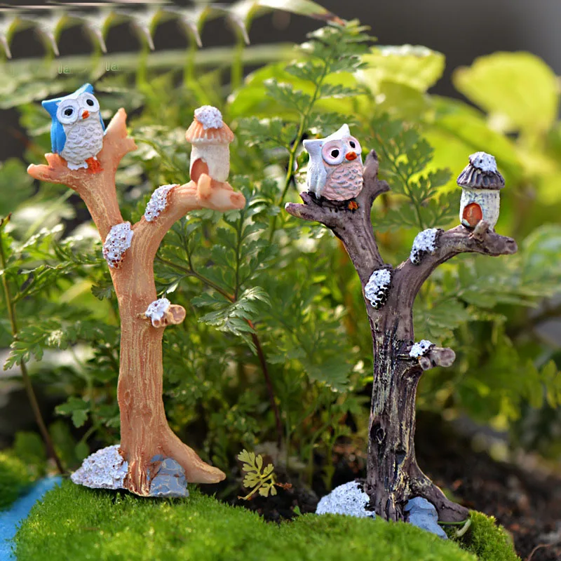 Artificial Owl With Tree Figurines Miniatures Birds Ornament Fairy Garden Gnome Statue Resin Crafts Landscape Home Decorations