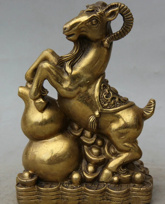 

6" Chinese Brass Zodiac Year Sheep Goat Wealth Cucurbit Rich Statue Sculpture S0705 Discount 35%