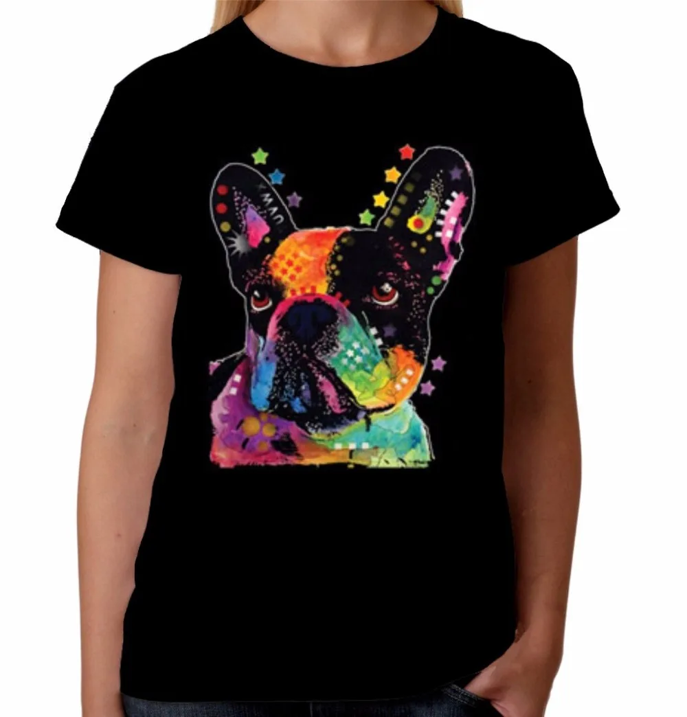 

New Women Shirt 2018 Summer Tops Psychedelic French Bulldog Dog Hiter tee Summer Short Sleeves Cotton Female T Shirtps