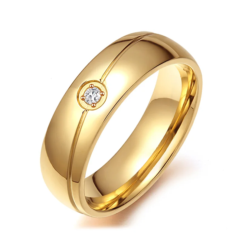 Простой золотистый парные кольца из нержавеющей стали CZ камни свадебные кольца для мужчин и женщин юбилейные ювелирные изделия - Цвет основного камня: Women