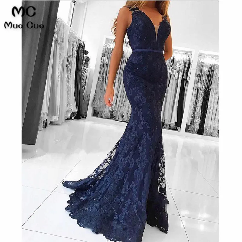 Elegant V Neck Long Lace Mermaid Evening Dresses3