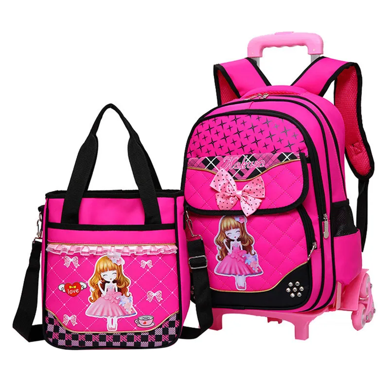 

Fashion 2pcs/set School Backpacks 6 Wheels Children School Bags For Girls Handbag Waterproof Cute Kids Travel Trolley Bookbag