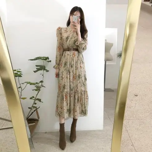 

Temperament Dress Women Korean Style Casual Date Wear New Year Cute Slim Waist Floral Printed Chiffon Vintage Dress LJ302