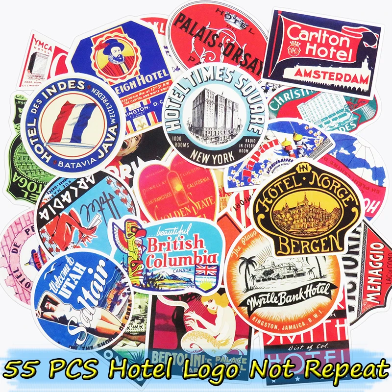 

55 Pcs Not Repeat Hotel Logo Stickers for Luggage Laptop Skateboard Car DIY Home Decor Doodle Decals Cool Sticker