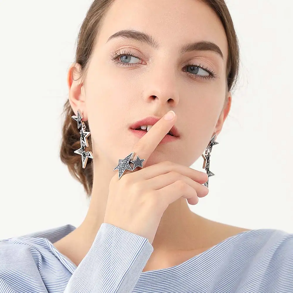 Viennois Vintage Silver Star Drop Earrings For Women Abstract Rhinestone Geometric Long Dangle Fashion Jewelry 2019