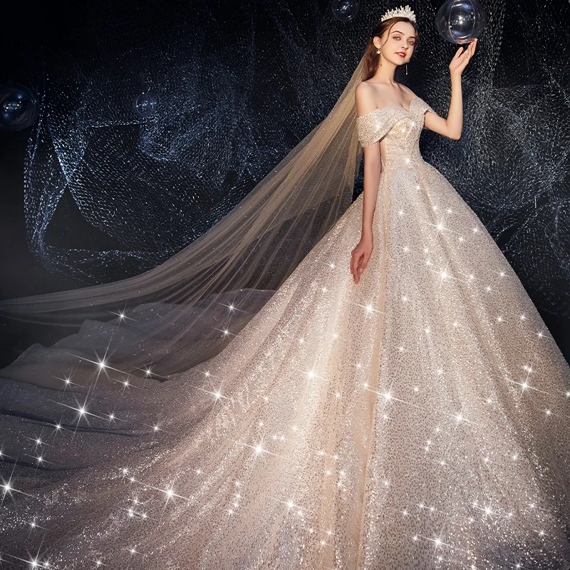 Vivian's Bridal Shiny Starry Sky Luxury Wedding Dress Sexy Off Shoulder Sweetheart Sequin Beading Chapel Train Fancy Bridal Gown