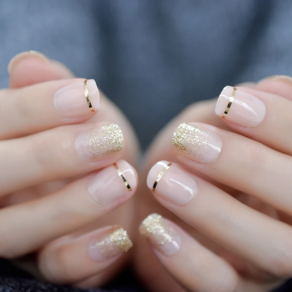 Короткие блестящие натуральные накладные ногти золотой ободок милый элегантный Предварительно Разработанный ногти круглый натуральный Блестящий кончики для ногтей