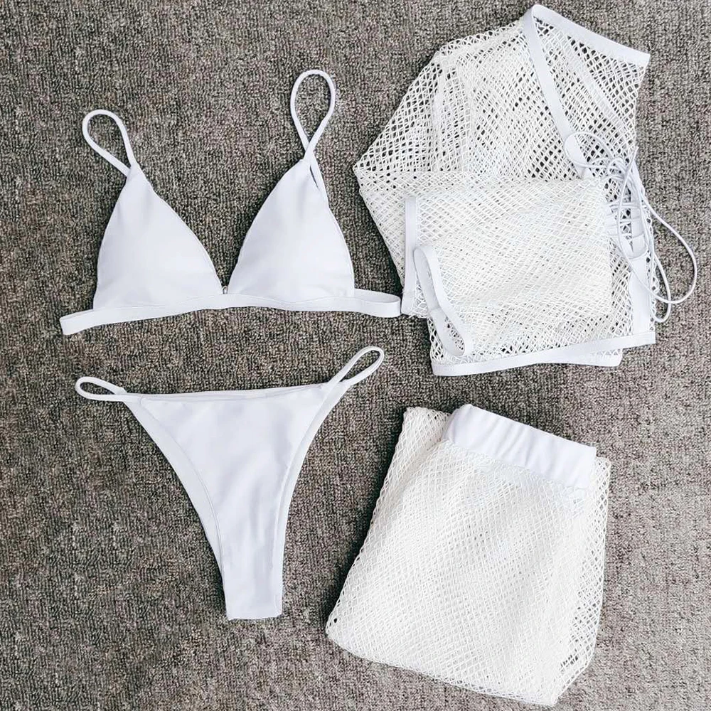 

4 Pieces Swimsuit White Bikini Set Sexy Mesh Swimwear Women Push Up Bikini 2019 Halter Bandage Bathing Suit with Hollow Cover Up