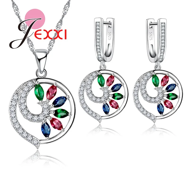 

Fine Jewelry Sets New Fashion Sterling Silver Opal Crystal Peacock Pattern Necklace Earring Wedding Jewellery Craft