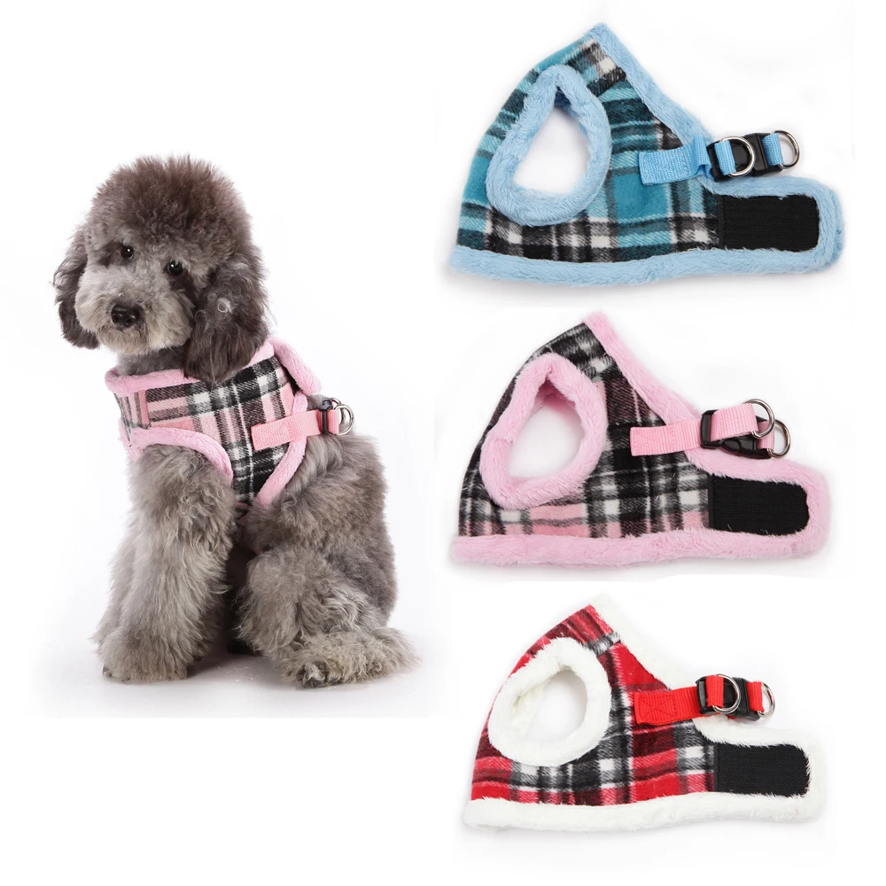 

Warm Pet Harness Set For Small Medium Dogs Cats Adjustable Soft Fur Plaid Pet Vest Winter Chest strap For Chihuahua Yorkshire