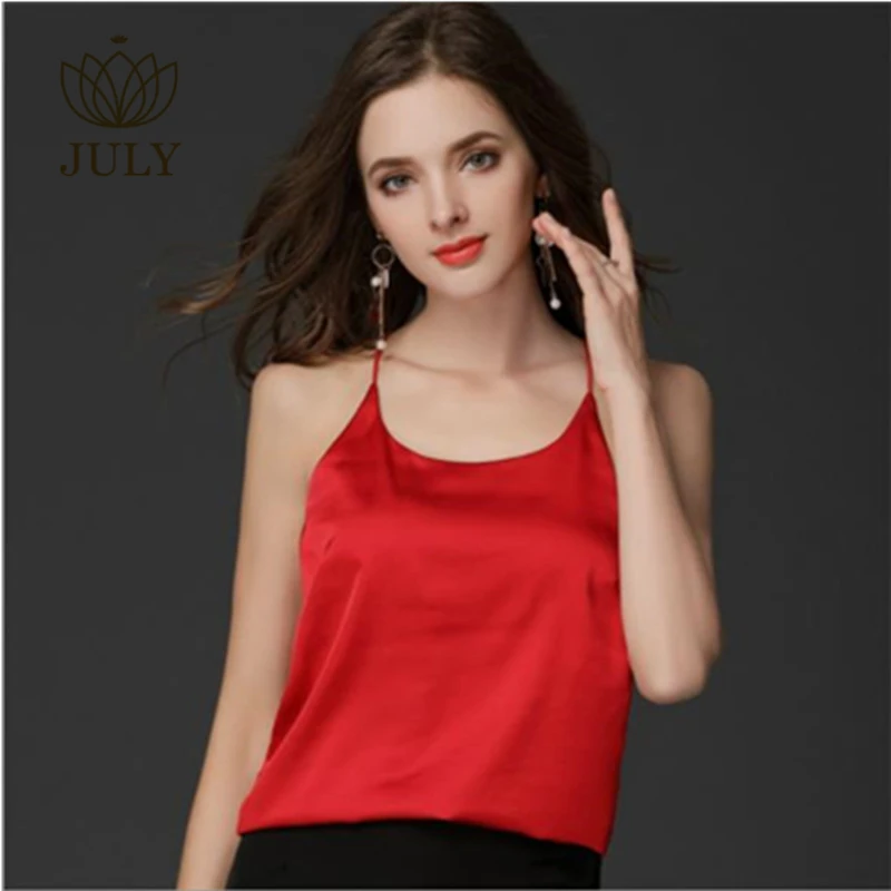

JULY summer Women Camis Silk Top Women Camisole Plus Size Summer Sexy Sleeveless Vest Slim red Crop Halter Top Roupas Femininas