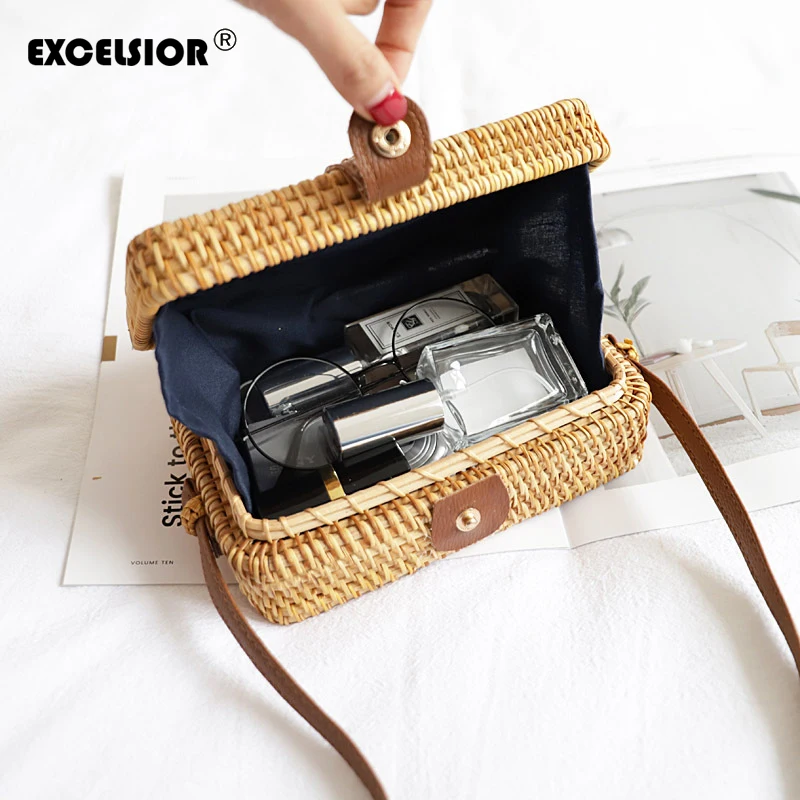 

EXCELSIOR New Women Straw Bags Summer Rattan Bag Handmade Woven Beach Bucket Bag Handbag Bali Basket Bali Style Shoulder Bag