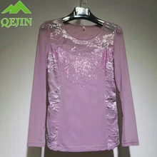 Осенняя женская футболка с кружевами, с цветочной вышивкой, женские топы с бусинами, зимние футболки, женские футболки, большие размеры 3XL, 3 цвета