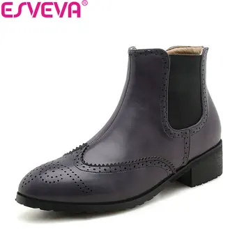 

ESVEVA 2019 Women Boots PU Leather Shoes Concise Ankle Boots Square High Heels Round Toe Woman Elastic Band Shoes Size 34-43