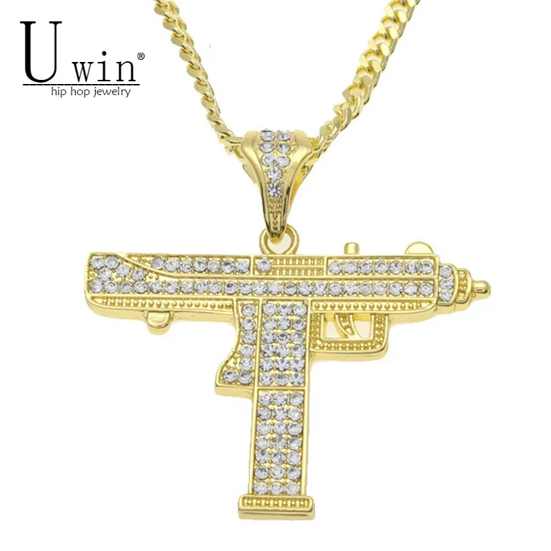 

UWIN Men Hip hop Jewelry Big Size Uzi Gun Pendant Lced Out Rhinestone Alloy Gold Color Submachine Gun Pendant Necklace Chain