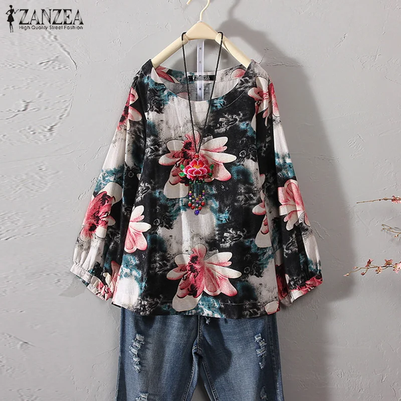 ZANZEA 2019 Autumn Linen Blouse Plus Size Women Floral Printed Shirt Chemise Female Work Blusa Ladi