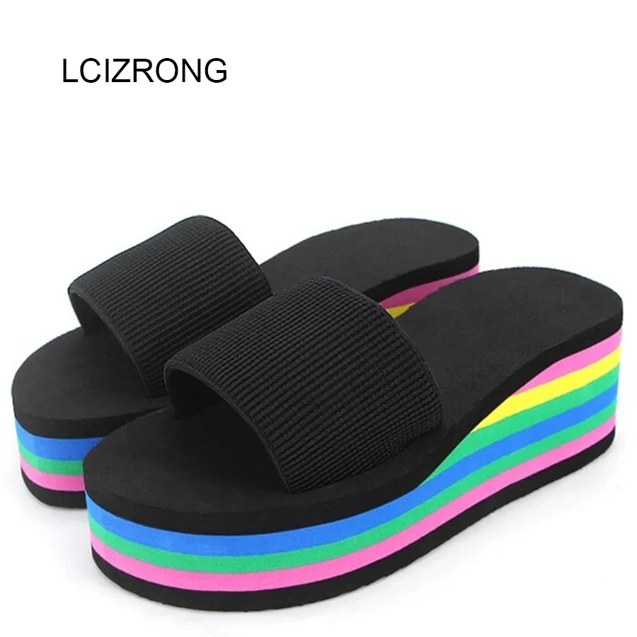 

LCIZRONG Fashion 8 Colors 6CM Women Slides 35-40 Size Beach Mixed Colors Platform Shoes Bohemia Non-slip Wedges Slippers Female