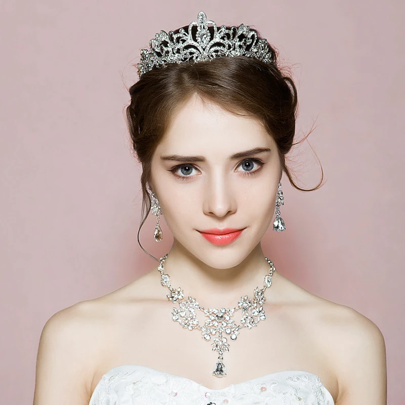 Vintage Queen Crown Wedding Jewerly Sets Rhinestone Women Bridal