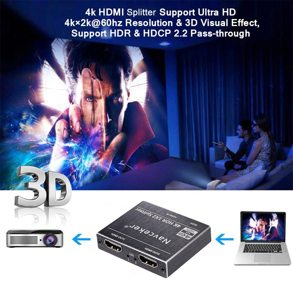 4K 60Hz HDR HDMI 2,0 сплиттер 1x2 сплиттер HDMI 2,0 4K Поддержка HDCP 2,2 UHD HDMI сплиттер 2,0 переключатель коробка для проектора PS4