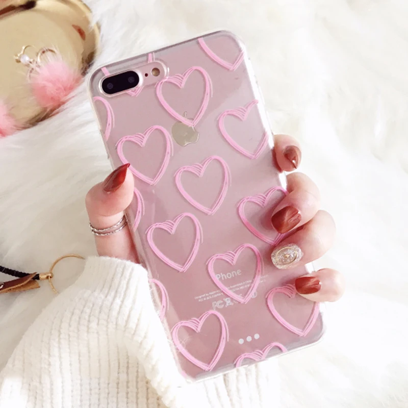 

Transparent Ultra-thin Pink Love Heart Phone Cases For iPhone XS Max XR XS X 6 6S 7 8 Plus Soft TPU Clear Phone Back Cover