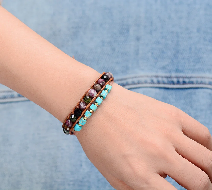 Tourmaline Bracelet Faceted Tourmaline Stone Leather Wrap Bracelets High End Fashion Homme Bracelet Wholesale