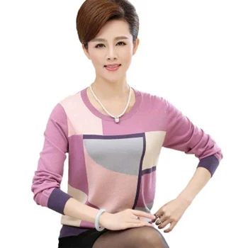 

2018 Fashion Middle Aged Women Plus Size Patchwork Knitted Sweater Jumper Winter Lady O-neck Bottom Knitwear Shirt Pullover F601