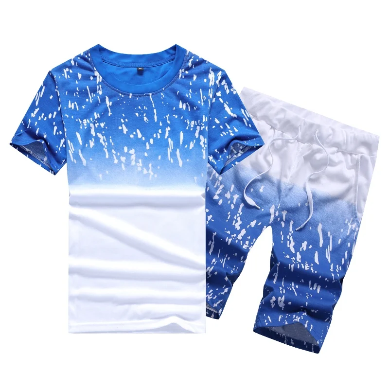 Спортивный костюм для мужчин, повседневный летний мужской комплект, Мужская футболка с цветочным принтом+ пляжные шорты с рисунком, рубашки, шорты, брюки, костюм из двух предметов, плюс размер 4XL - Цвет: blue