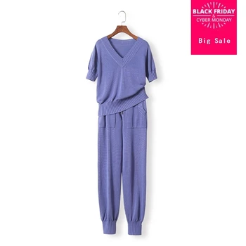

2020 tencel silk bling bling Knitted warm Suit V-neck short sleeve Knit Sweater + shinny Trousers Leisure Two-piece suits wj2417