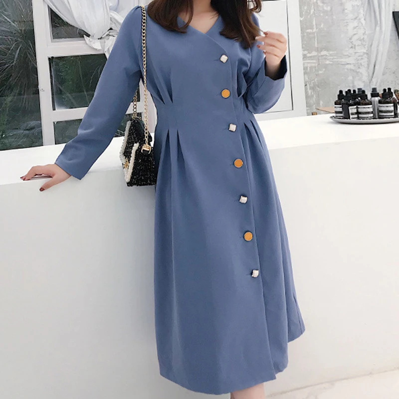 

2019 Women Kawaii Solid Color Mid-Calf Dress Winter Korean Christmas Halloween Party Dress Office Lady Vestidos Cute Clothing