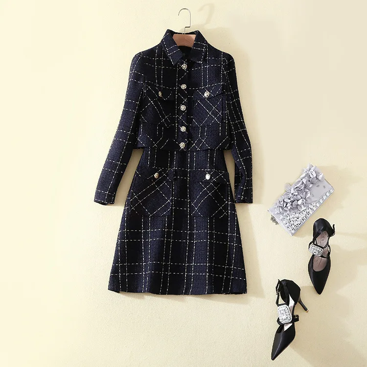 

Women fashion elegant plaid tweed jacket long sleeve + sleeveless a-line dress suit 2 piece set new 2018 autumn winter blue