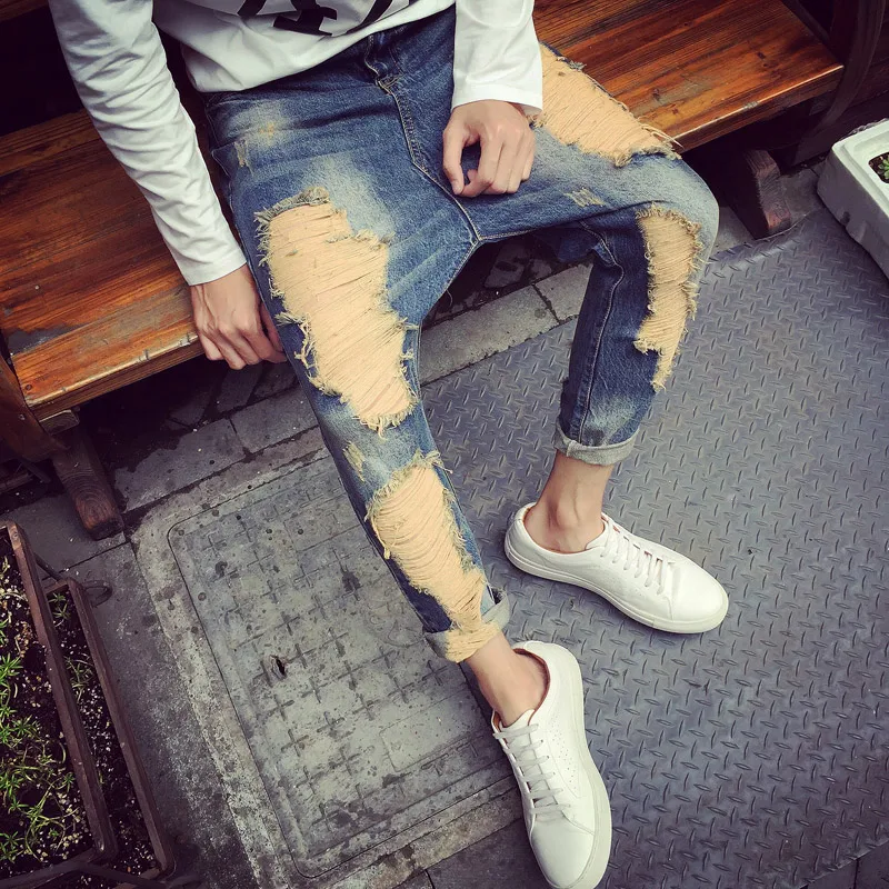 Top Fashion 2016 Mens Ripped Jeans Vintage Destroyed Harem Jeans For Man Male Distressed Denim Pants