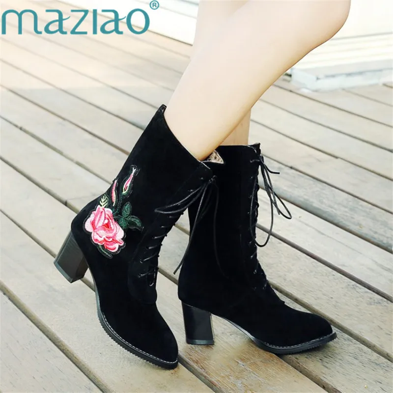 

Hot Fashion Women High Heel Half Short Ankle Boots Round Toe Embroider Footwear Thick Heels Boots MAZIAO