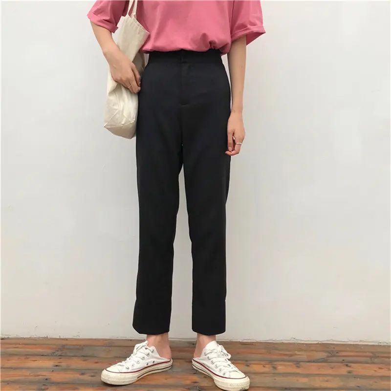 

HziriP New Style 2019 Summer Casual Solid Brief Fashion High Waist Fresh Loose Solid Straight Women Black Ankle-Length Trousers