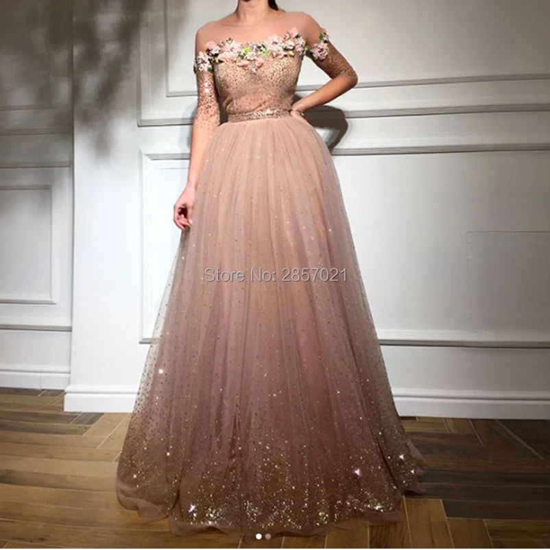

Newest Gorgeous Long Formal Evening Dresses With Flowers And Beads Fancy Pearls Off-Shoulder Tulle Evening Party Gowns Customize