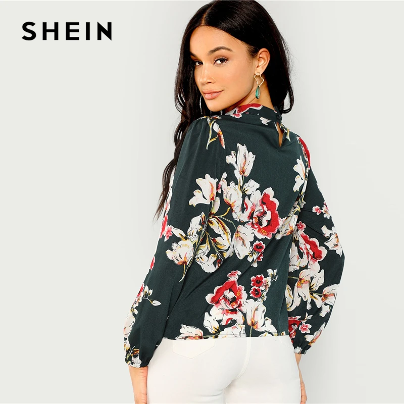 SHEIN Блузка С Цветочным Принтом Элегантная Цветочная Осенняя Блузка С Воротником-стойкой С Длинным Рукавом Для Женские Топы