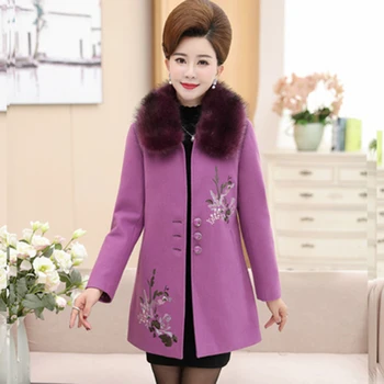 

2019 Middle-aged spring autumn priting windbreaker coat new plus size 5XL warm thicke woolen coat loose fur collar trench coat