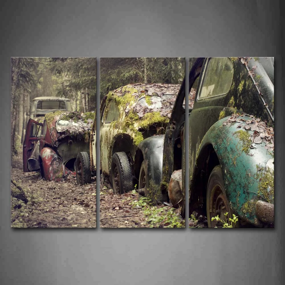 

3 Panels Unframed Wall Art Pictures Old Car Field Canvas Print Modern Car Posters No Frames For Home Living Room Decor