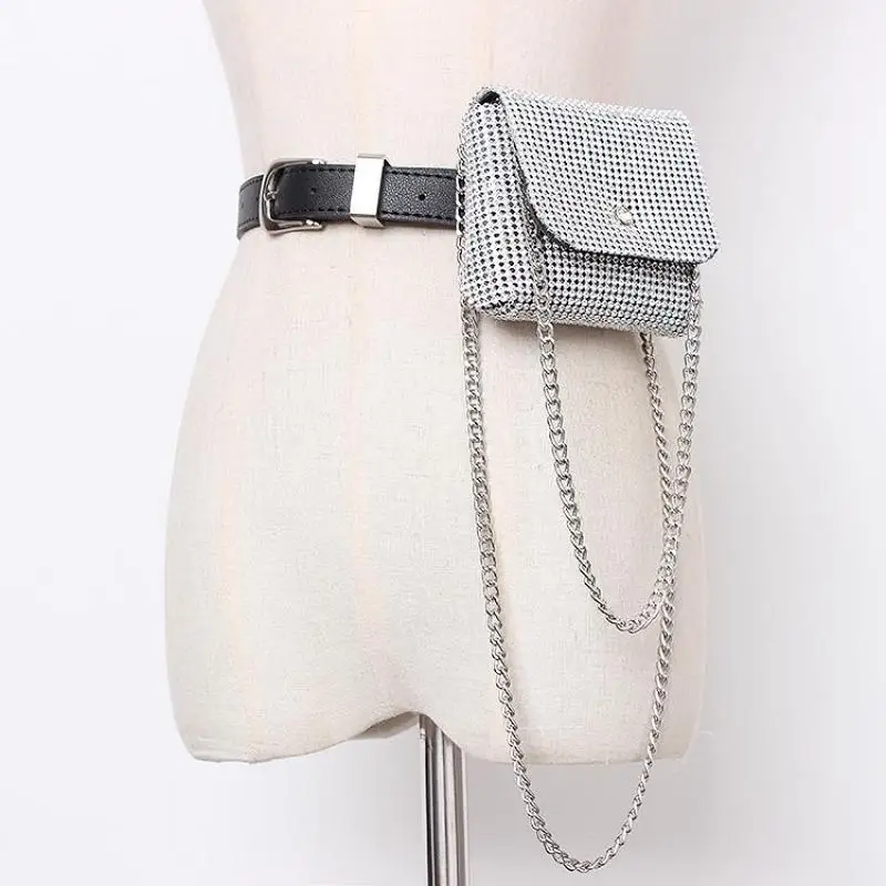 

New Waist Bag Pu Rhinestone Shining Stitch Mini-bag Personality Belt Women Fashion Tide All-match Waist Pack A457