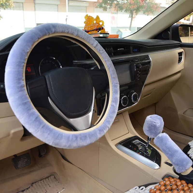 

36-38cm General Plush Steering Cover Set Car-styling Charm Warm Long Wool Blue Plush Steering Wheel Cover for Car Accessories