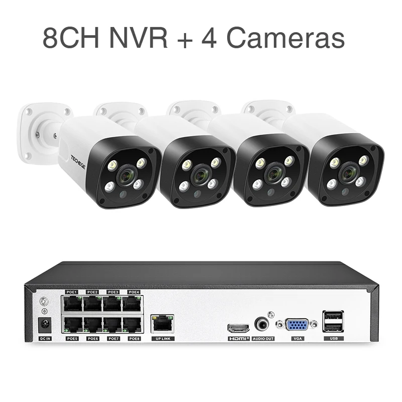 Techege 8CH супер HD 5MP система видеонаблюдения Двухсторонняя Аудио Обнаружение человека Металл водонепроницаемый открытый AI камера CCTV камера система - Color: 8CH NVR (4Cameras)