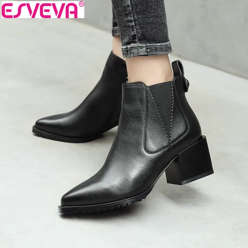 

ESVEVA 2019 Women Boots Western Style Real Leather PU Winter Shoes Zip Ankle Boots Square High Heels Woman Shoes Pointed Toe 42