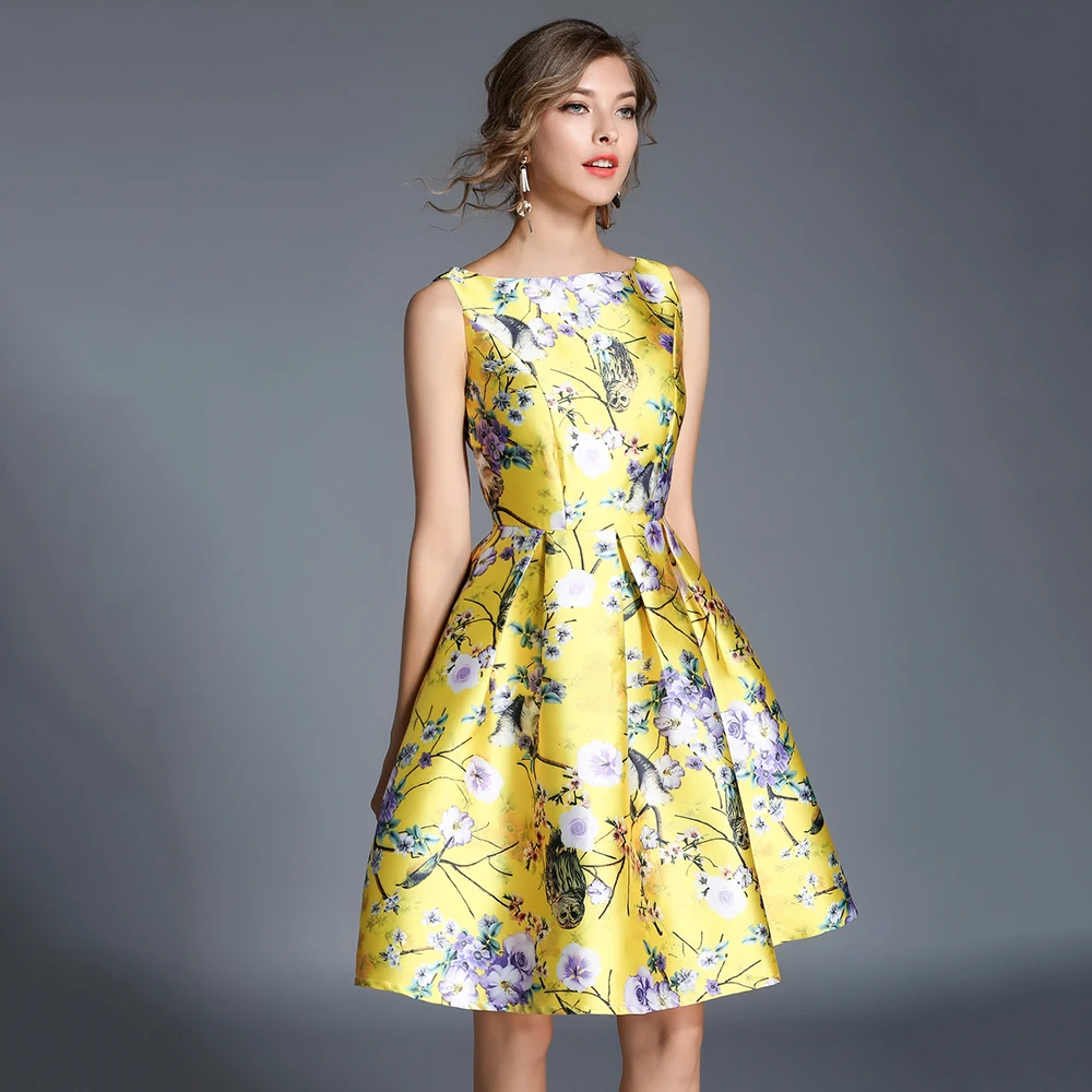 Women Tank Dresses Summer Floral Printed High Waist Female Robe Femme O