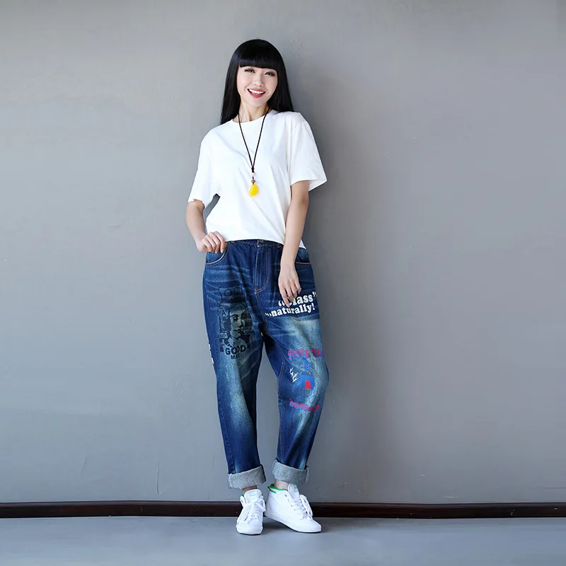 

Women Casual Letter cartoon Printed Loose Jeans Ladies Elasitc Waist Denim Pants Denim Trousers Female