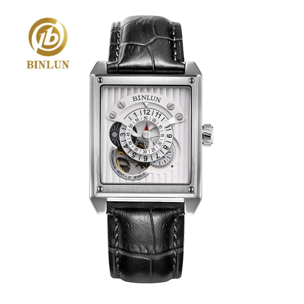 

BINLUN Luxury Rectangle Tank Style Men's Automatic Watch Genuine Leather Sapphire Glass Business Men's Mechanical Wristwatch