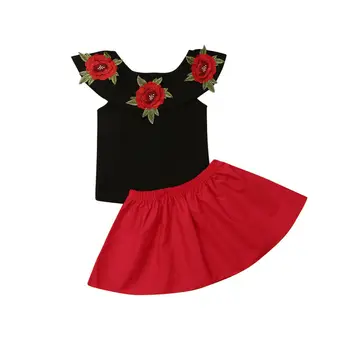 

Fashion New Kids Girls Off shoulder Embroidery Rose Flower T-shirt Tops A-line Mini Skirt 2PCS Girls Clothes Set